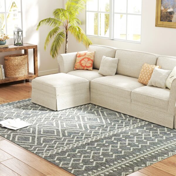 Indendørs/udendørs tæppe, boho design, nem rengøring, grå